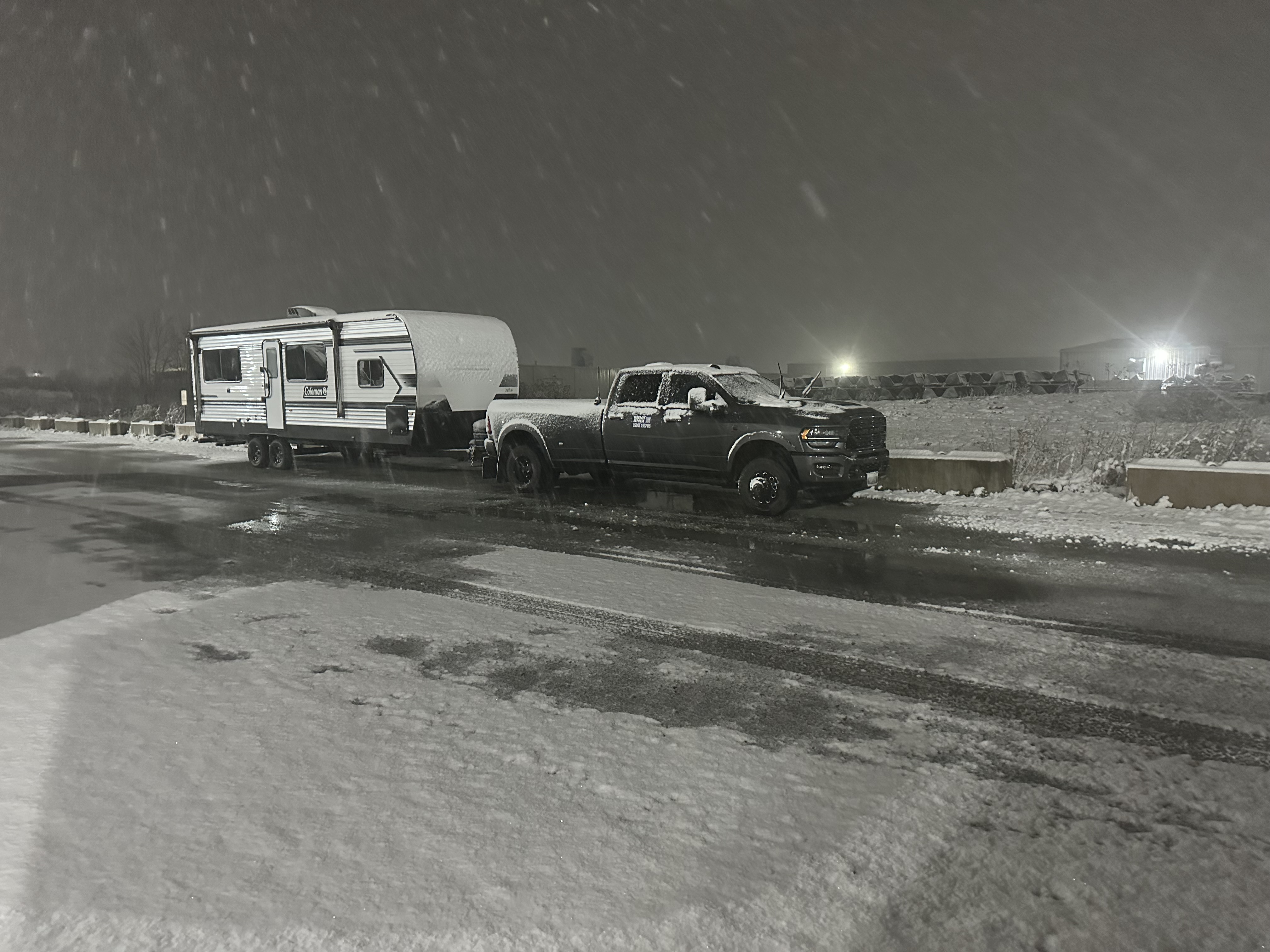 Towing a Coleman trailer through a winter snowstorm