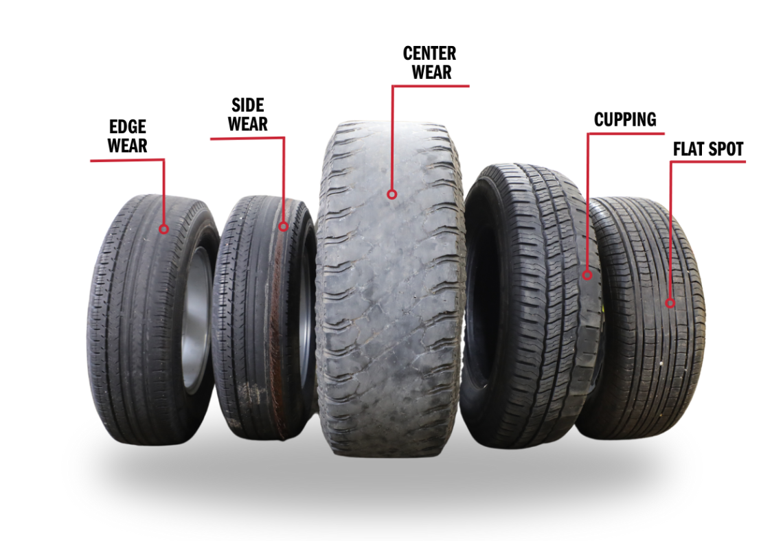 Diagram of RV tire wear patterns including edge wear, side wear, center wear, cupping, and flat spot