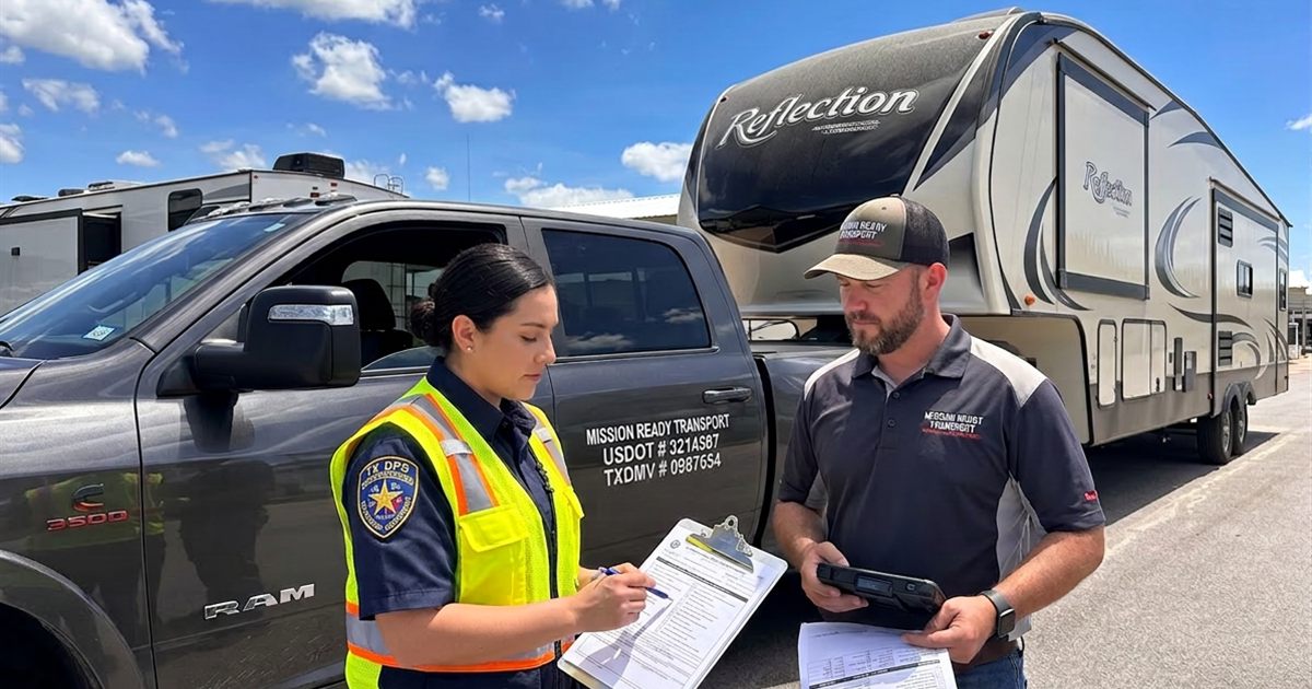 DOT compliance inspector reviewing carrier credentials and transport paperwork with an RV transporter before towing a fifth wheel RV.